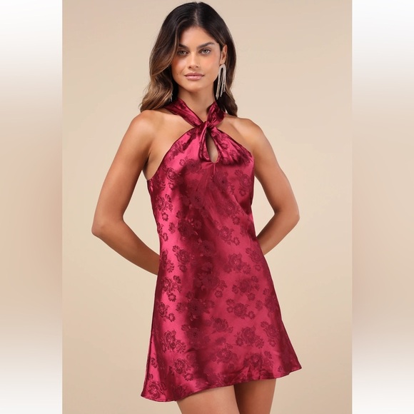 Lulus Dresses & Skirts - NWT Lulus Got the Key Burgundy Satin Floral Jacquard Halter Mini Dress Small